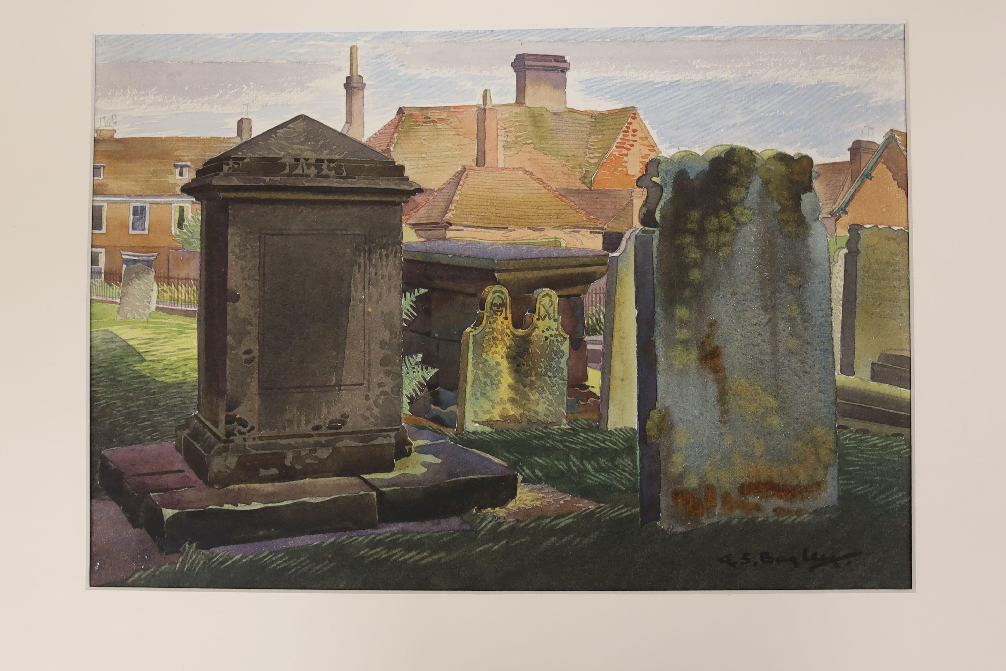 Geoffrey Bagley (1901-1992), three unframed watercolours, Farningham Church, Farningham Tombs, and Graves at Goudhurst in Kent, signed, approx. 25 x 33cm